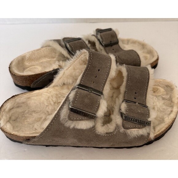 Birkenstock Shearling Sandals 39 Suede Leather Stone